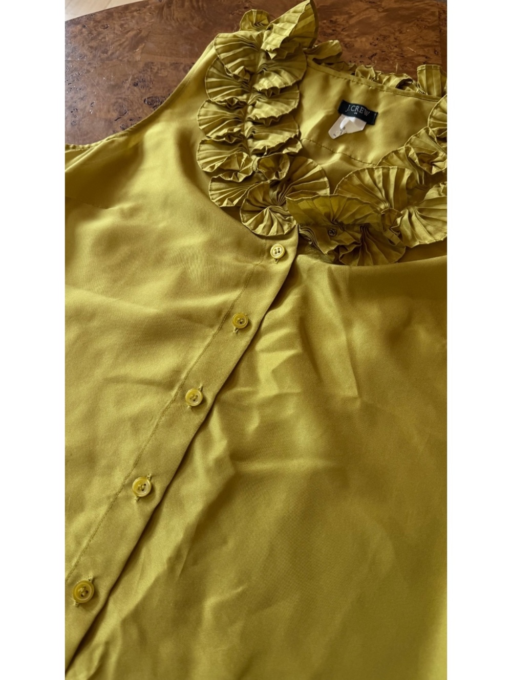 J.Crew Pure Silk Chartreuse Sleeveless Ruffle Blouse - Picture 2 of 8